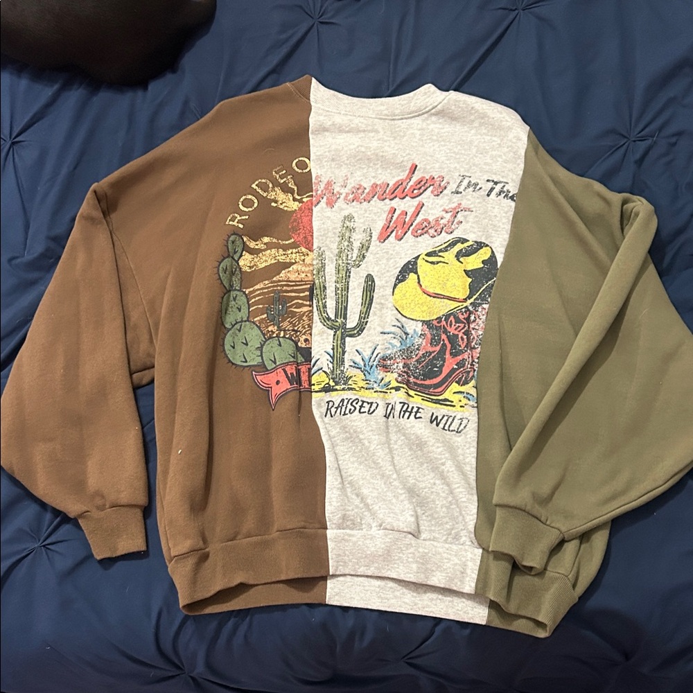 Colorblock Western Graphic Crewneck Sweatshirt - Brown/Gray/Olive